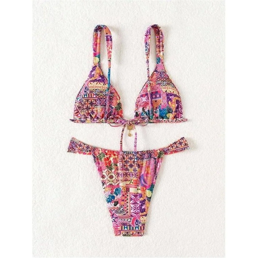 Pink Tropical Patchwork Triangle Bikini Set Women Size M Gold Charm Detail